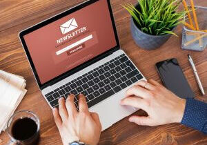 Hands typing on a laptop on a wooden desk with a potted plant
